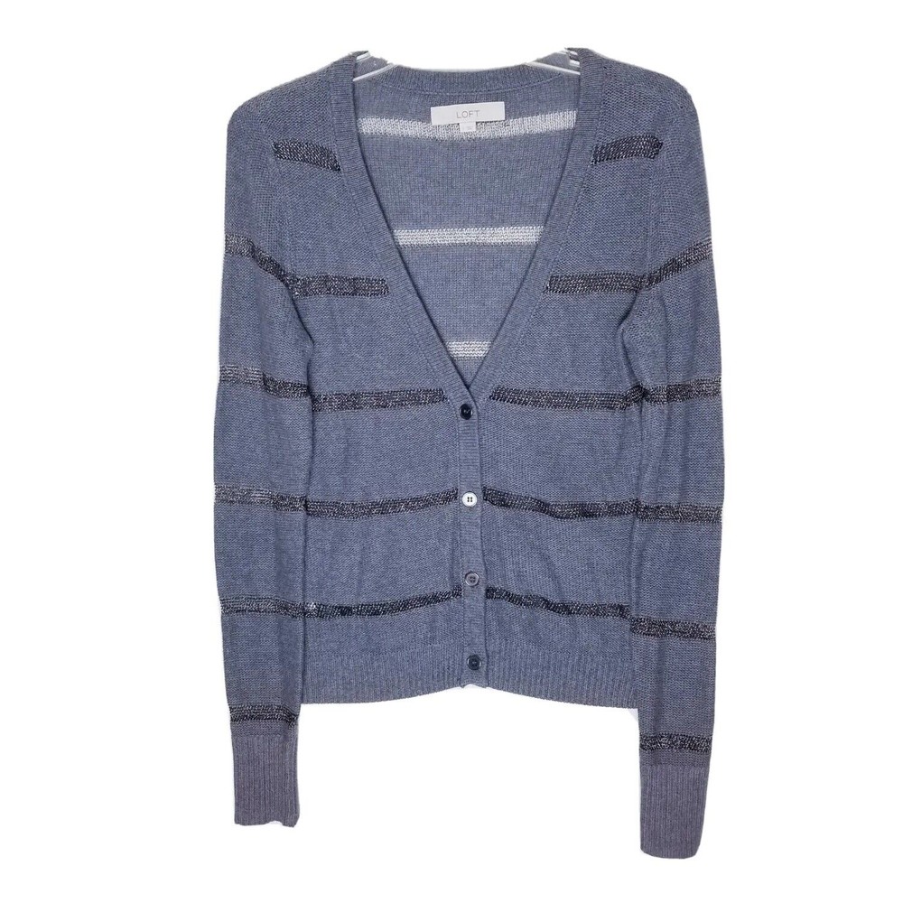 Loft Gray Metallic Striped Sweater Cardigan Women Size Small Long Sleeve